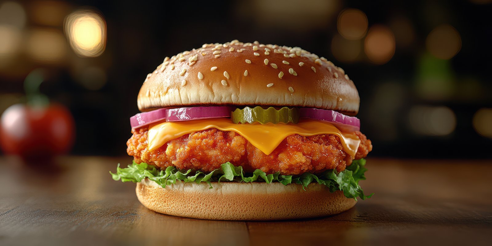 Delicious crispy chicken sandwich with fresh ingredients on a sesame seed bun
